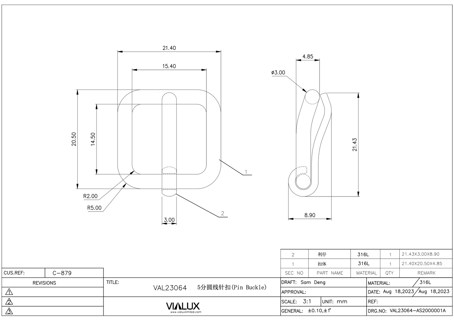 VAL23064 16mm Pin Buckle Stainless Steel Polished