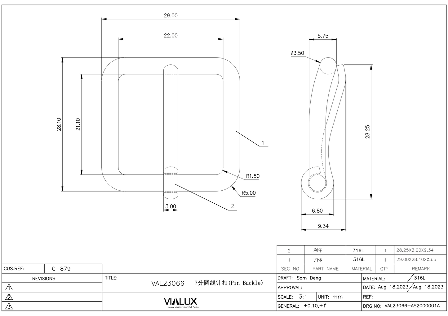 VAL23066 22mm Pin Buckle Stainless Steel Polished