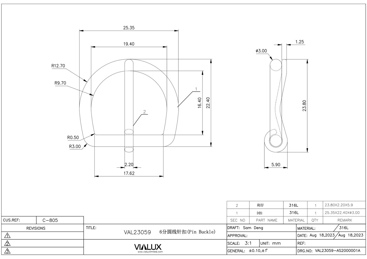 VAL23059 19mm Pin Buckle Stainless Steel Polished