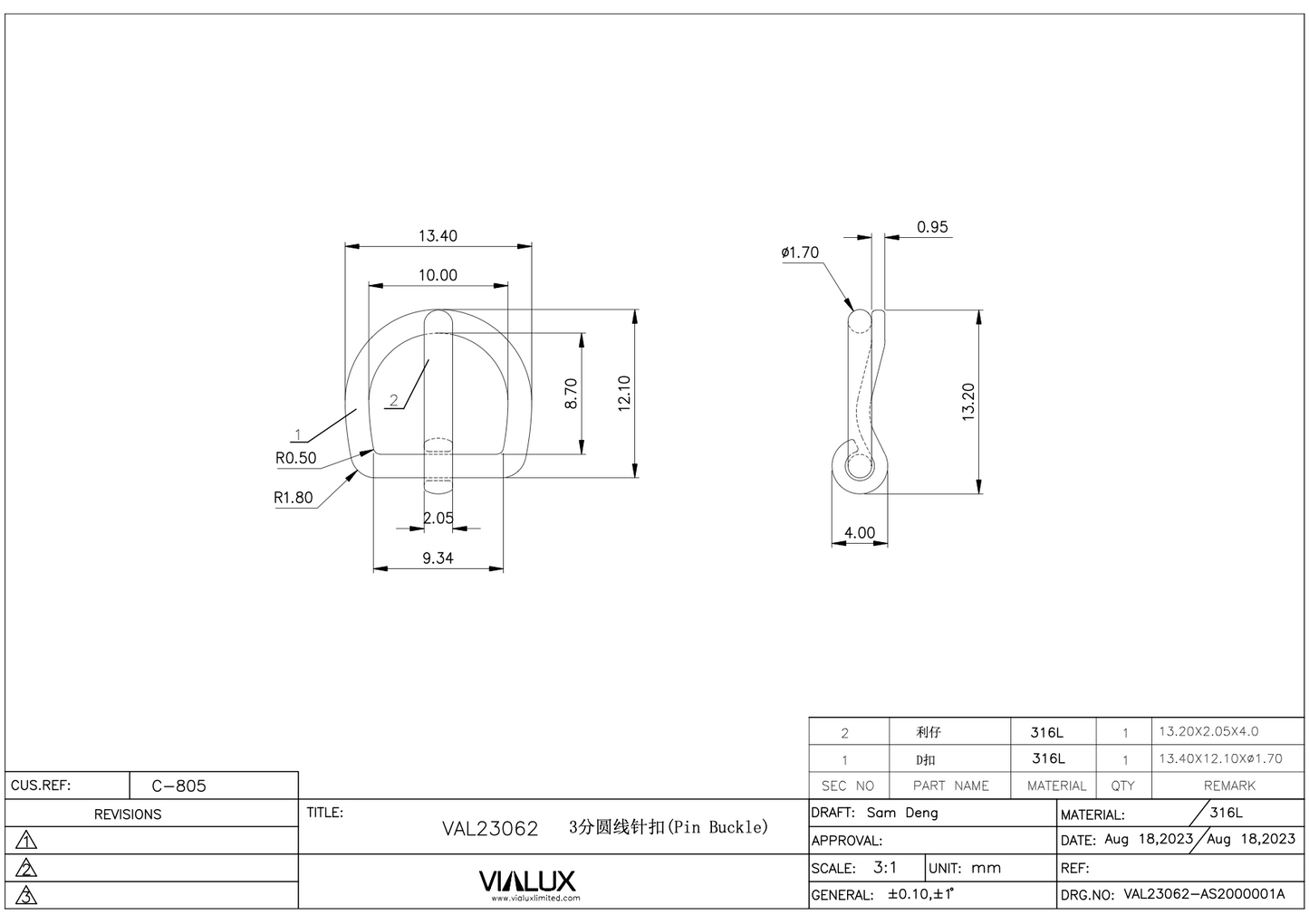 VAL23062 10mm Pin Buckle Stainless Steel Polished