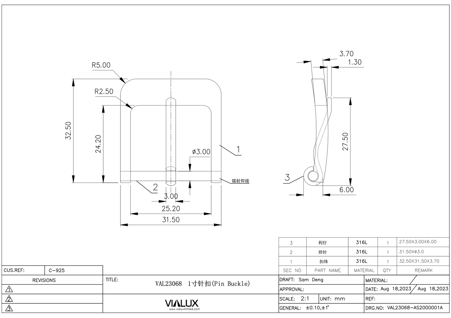 VAL23068 25mm Pin Buckle Stainless Steel Polished