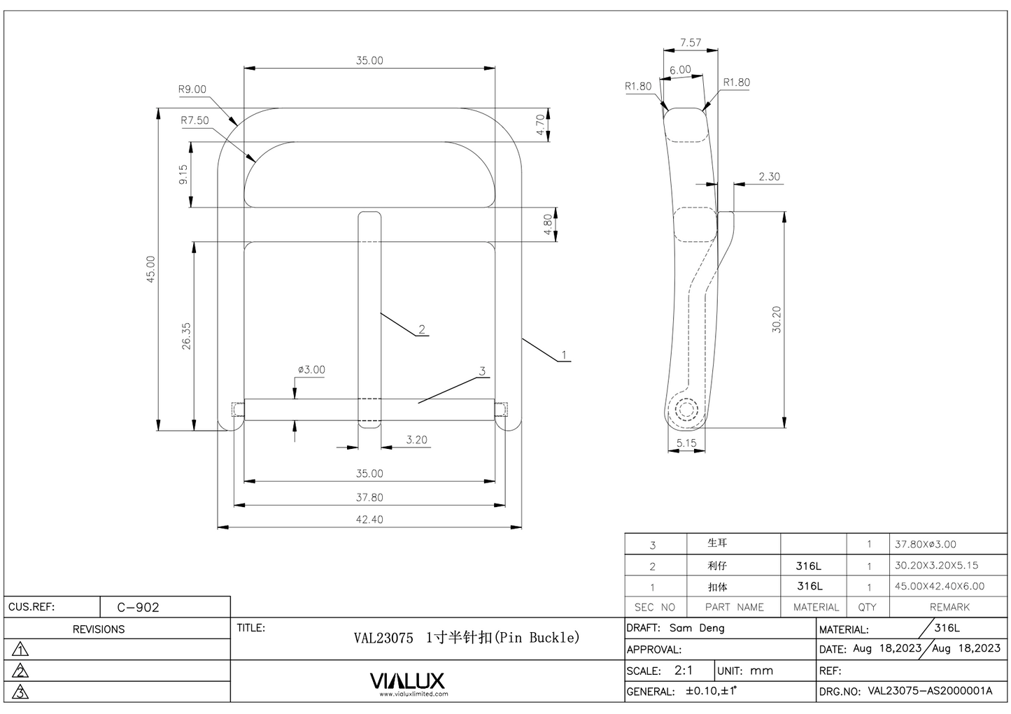 VAL23075 35mm Pin Buckle Stainless Steel Polished