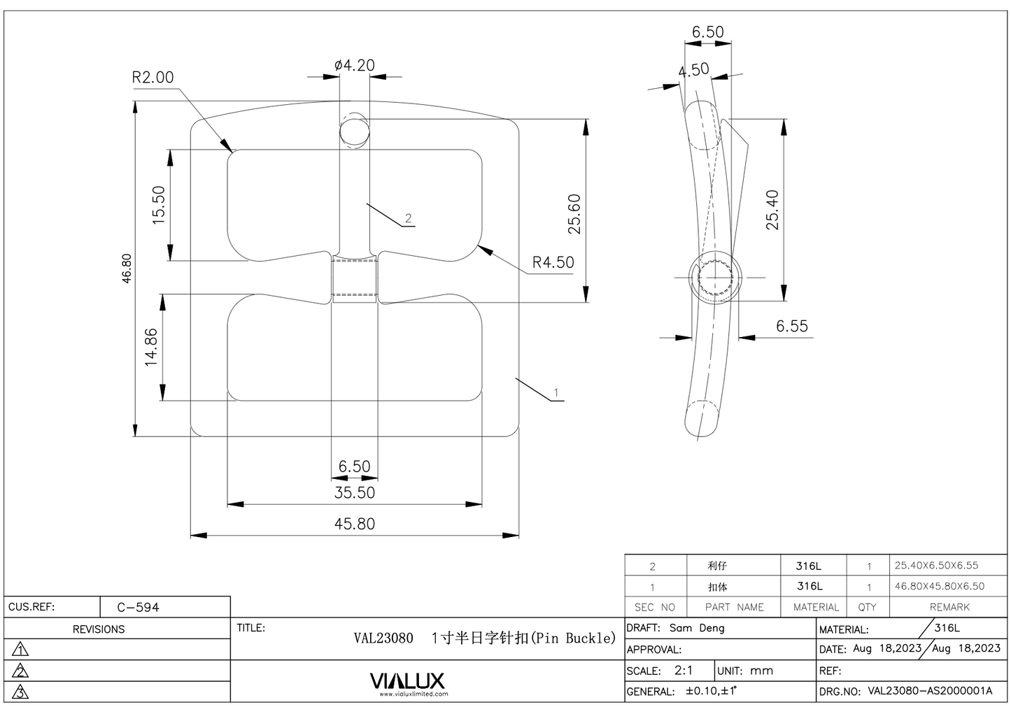 VAL23080 35mm Pin Buckle Stainless Steel Polished