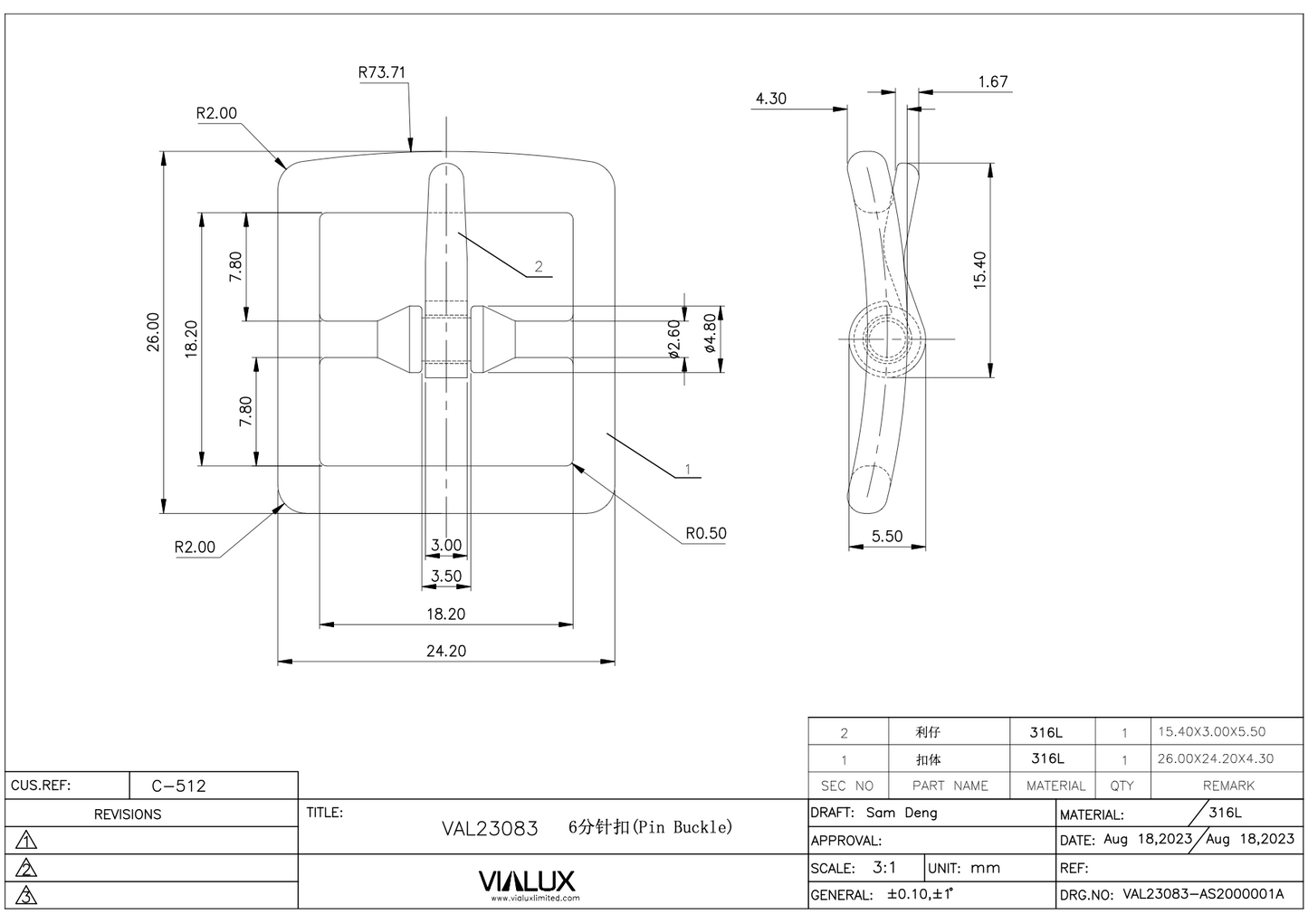 VAL23083 19mm Pin Buckle Stainless Steel Polished