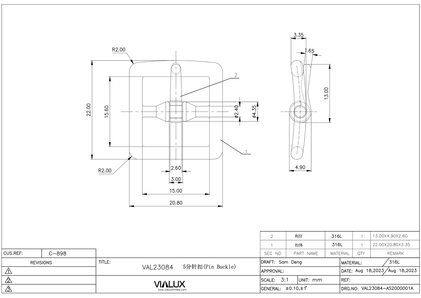 VAL23084 16mm Pin Buckle Stainless Steel Polished