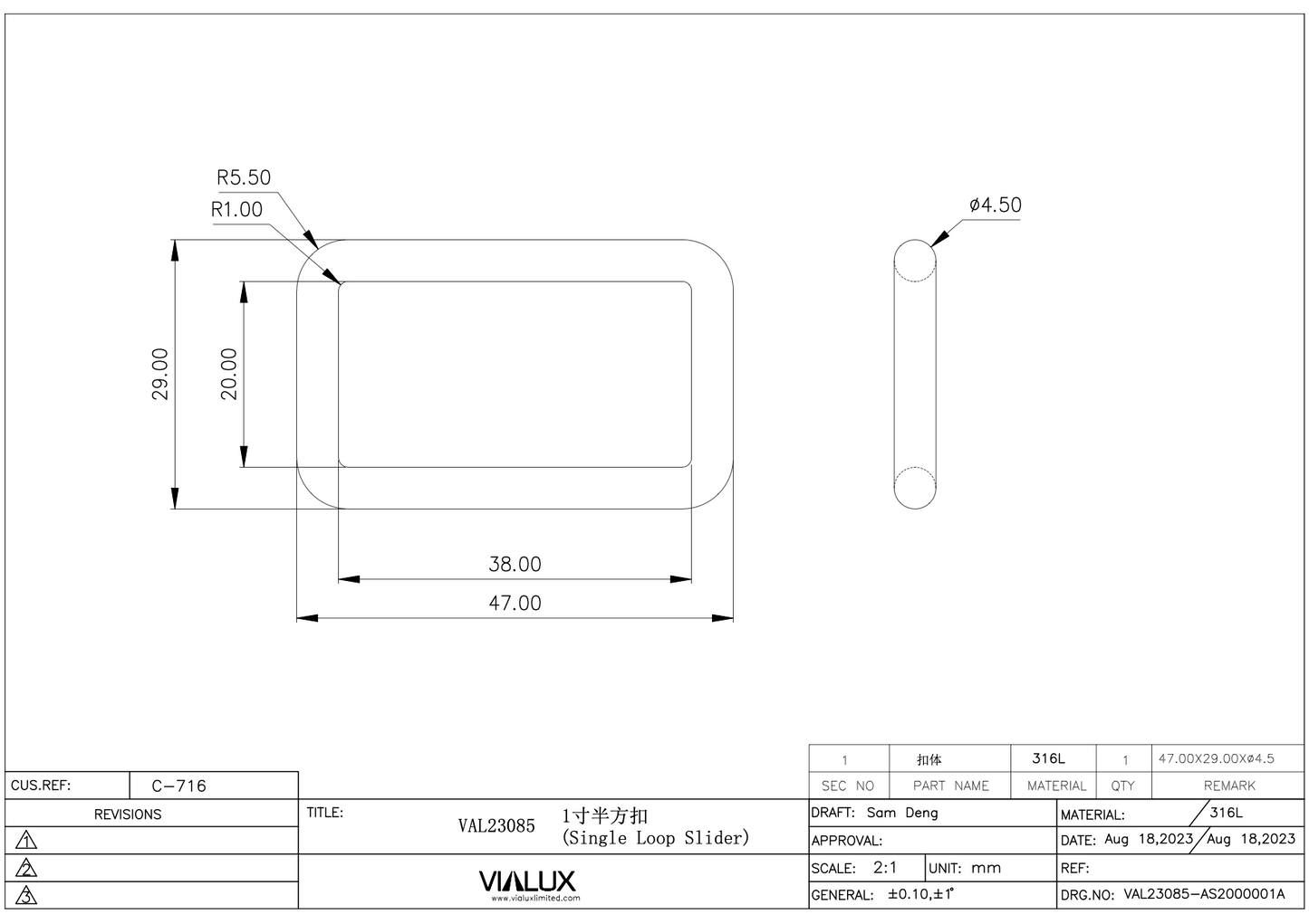 VAL23085 38mm Single Loop Slider Stainless Steel Polished