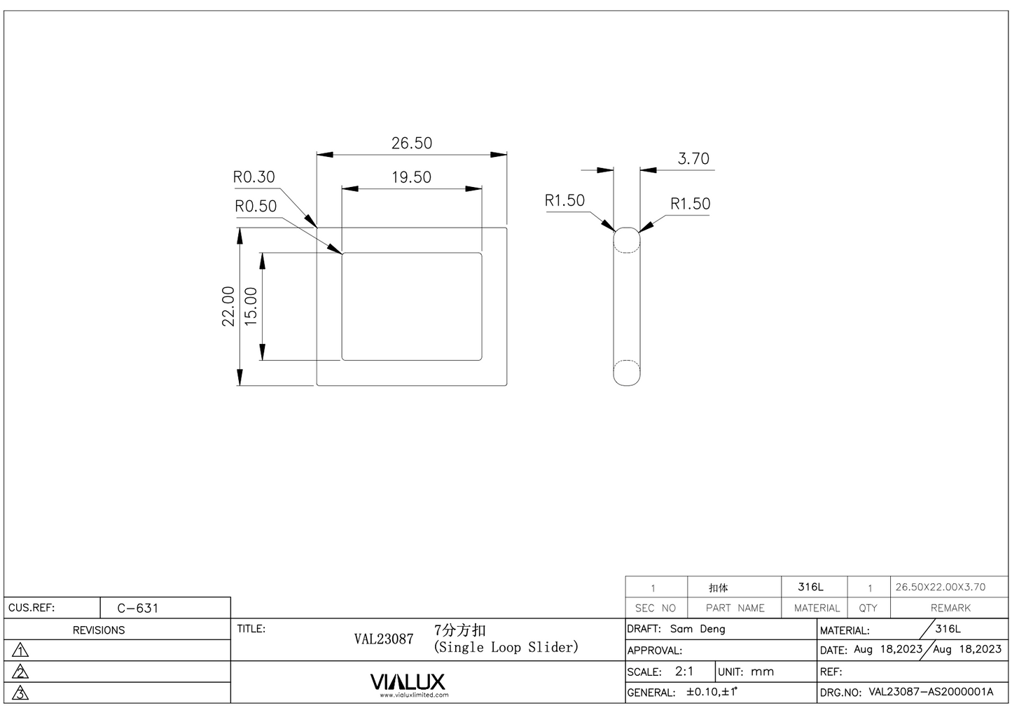 VAL23087 19mm Single Loop Slider Stainless Steel Polished