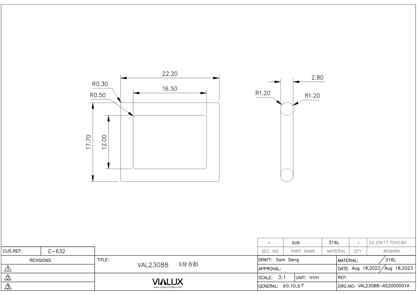 VAL23088 16mm Single Loop Slider Stainless Steel Polished