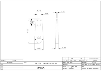 VAL23092 5# Zip Puller Stainless Steel Polished