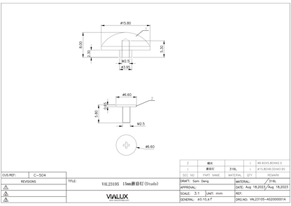 VAL23105 16mm Rivet Stud Stainless Steel Polished