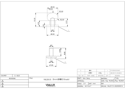 VAL23115 8mm Rivet Stud Stainless Steel Polished